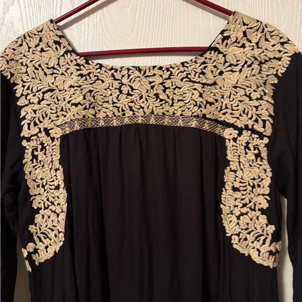 J. Marie Black Embroidered Linen Blend Tunic Dress with Cream Floral Yoke Large - Picture 10 of 11